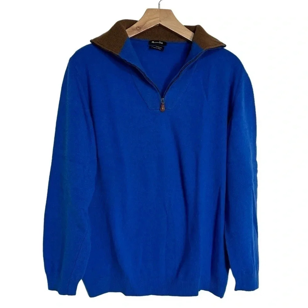 Massimo Dutti L blue & brown trim wool cashmere‎ 1/4 zip sweater